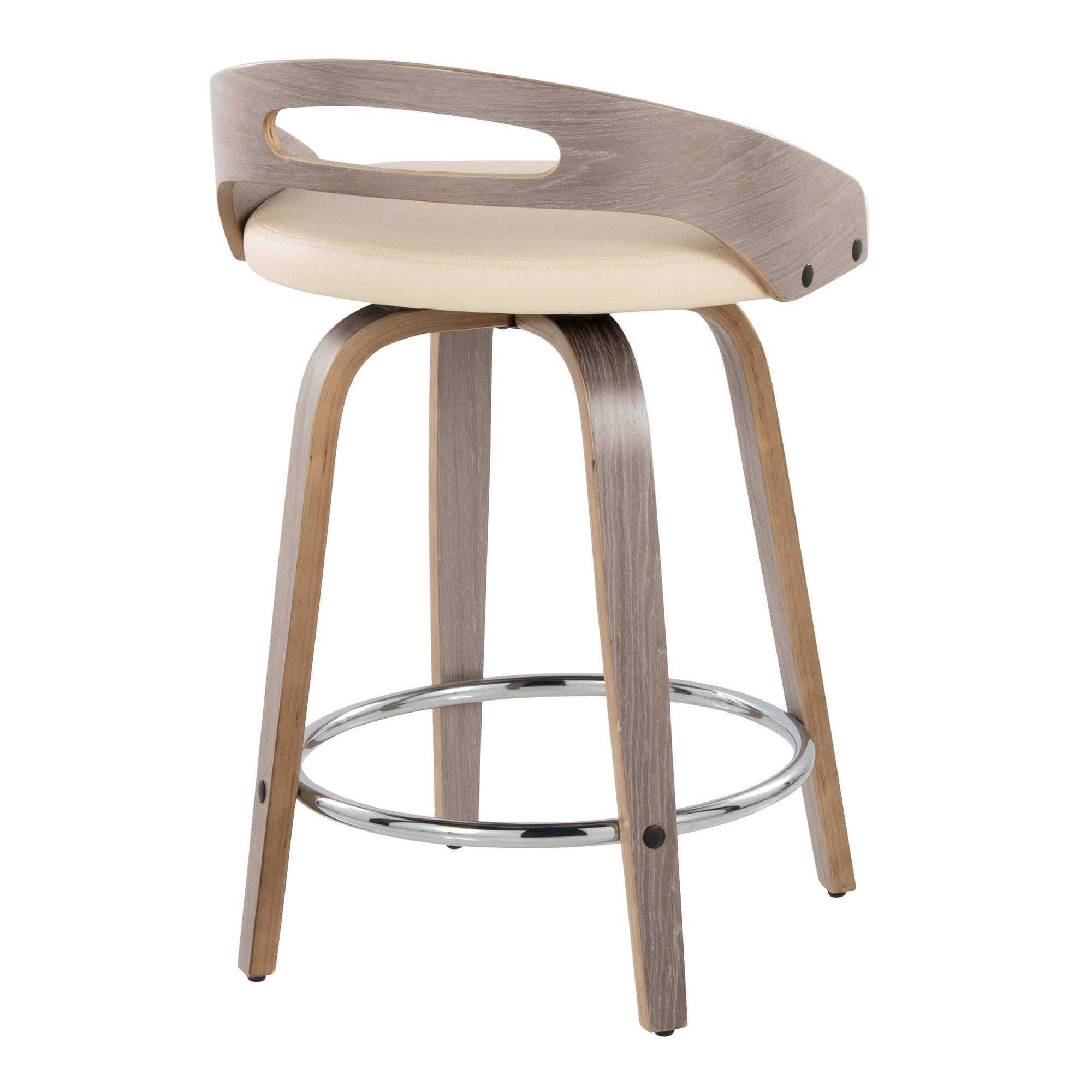 Cassis 24" Fixed-Height Counter Stool - Set of 2 - Light Grey Wood, Cream PU, Chrome Metal