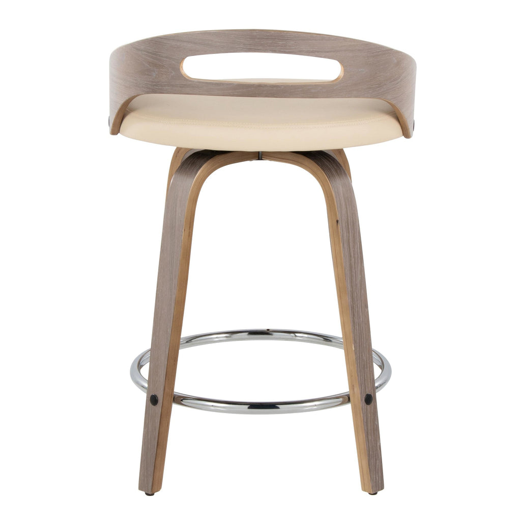 Cassis 24" Fixed-Height Counter Stool - Set of 2 - Light Grey Wood, Cream PU, Chrome Metal