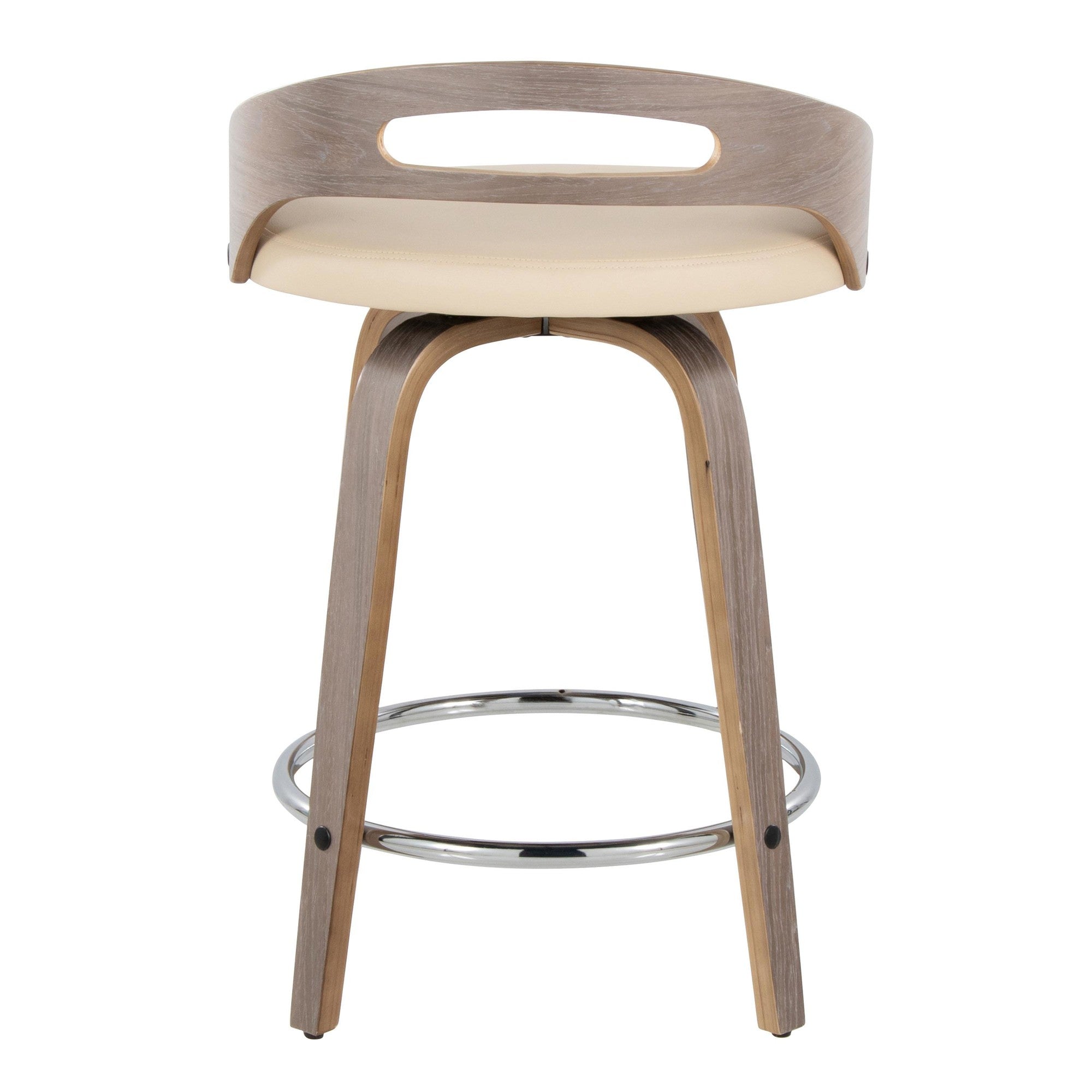 Cassis 24" Fixed-Height Counter Stool - Set of 2 - Light Grey Wood, Cream PU, Chrome Metal