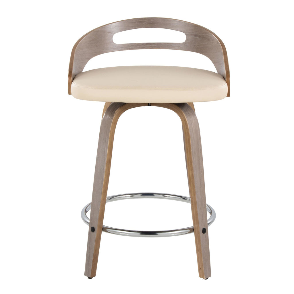 Cassis 24" Fixed-Height Counter Stool - Set of 2 - Light Grey Wood, Cream PU, Chrome Metal