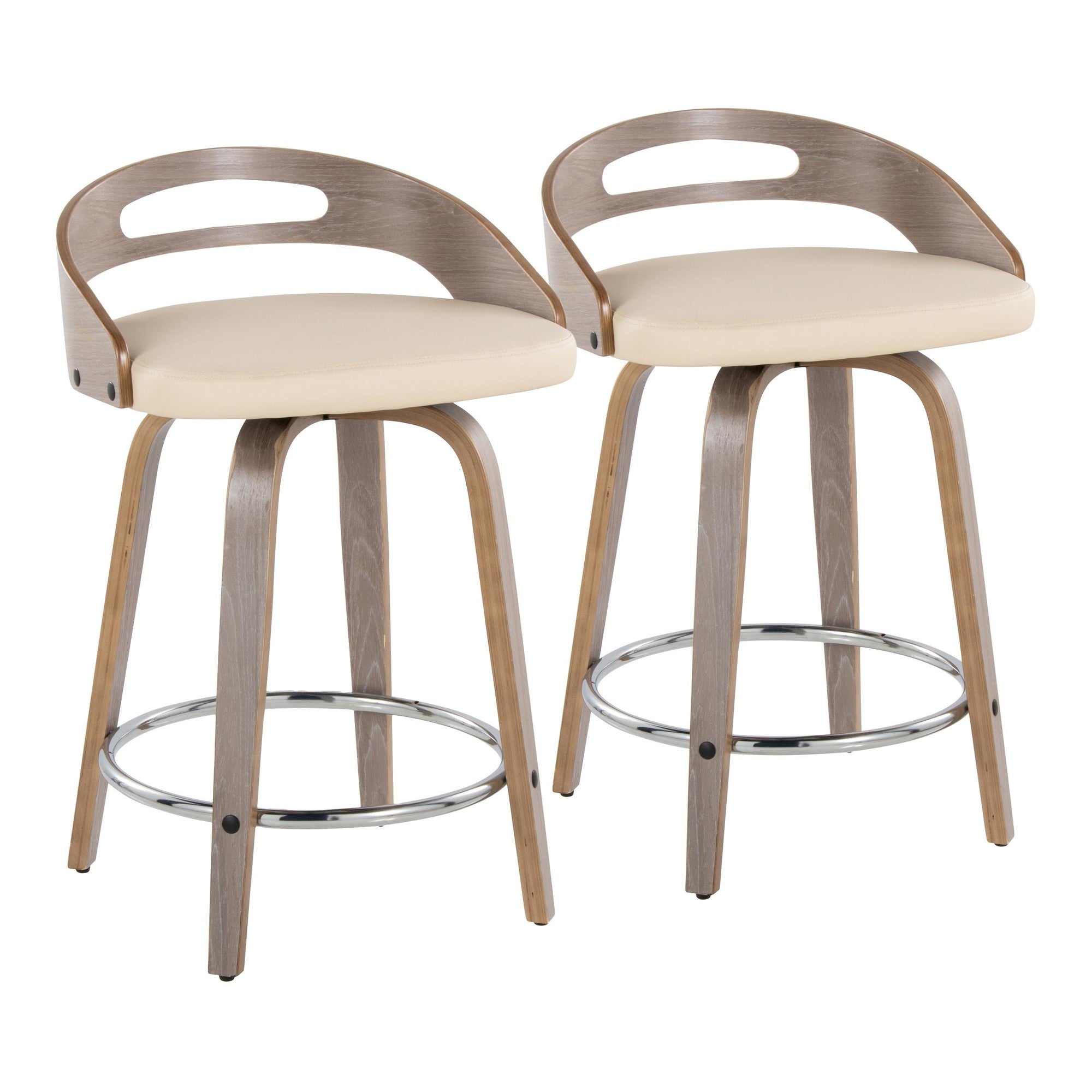Cassis 24" Fixed-Height Counter Stool - Set of 2 - Light Grey Wood, Cream PU, Chrome Metal