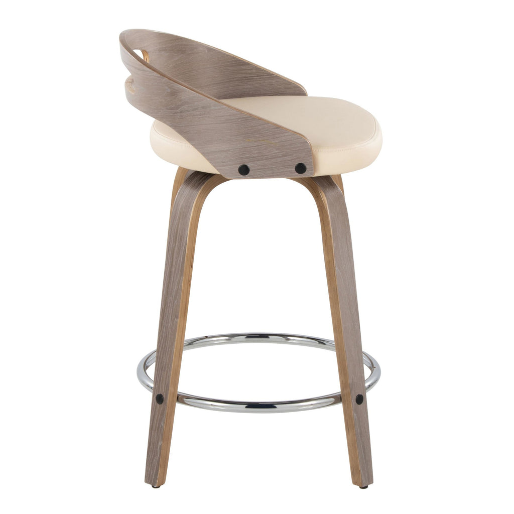 Cassis 24" Fixed-Height Counter Stool - Set of 2 - Light Grey Wood, Cream PU, Chrome Metal