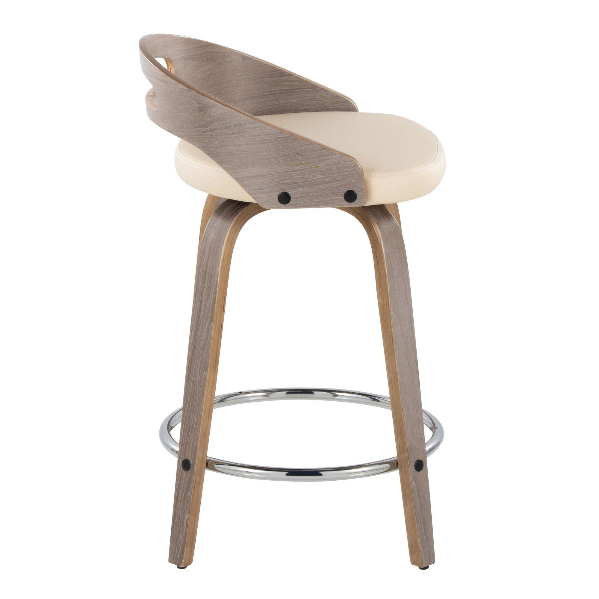 Cassis 24" Fixed-Height Counter Stool - Set of 2 - Light Grey Wood, Cream PU, Chrome Metal