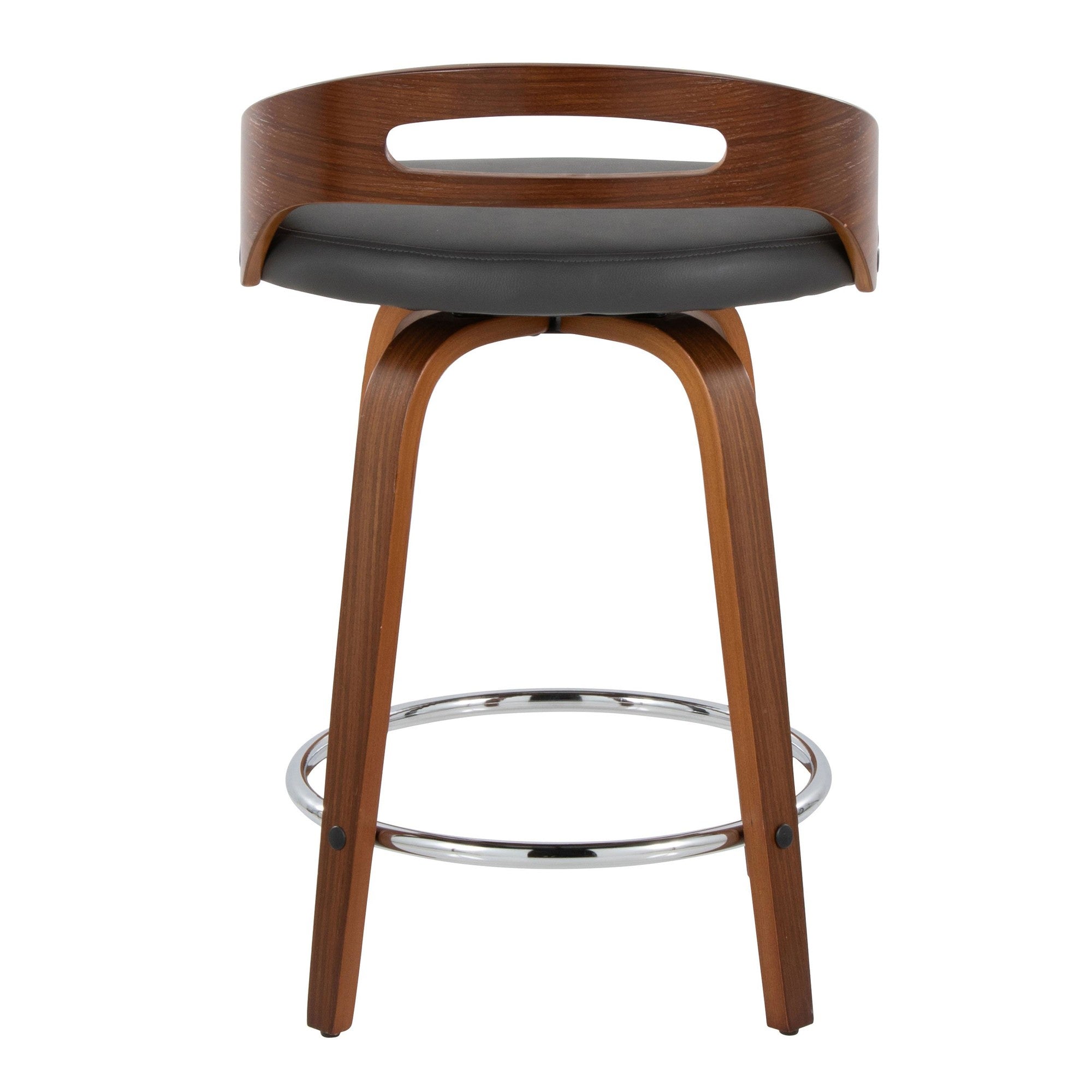 Cassis 24" Fixed-Height Counter Stool - Set of 2 - Walnut Wood, Grey PU, Chrome Metal