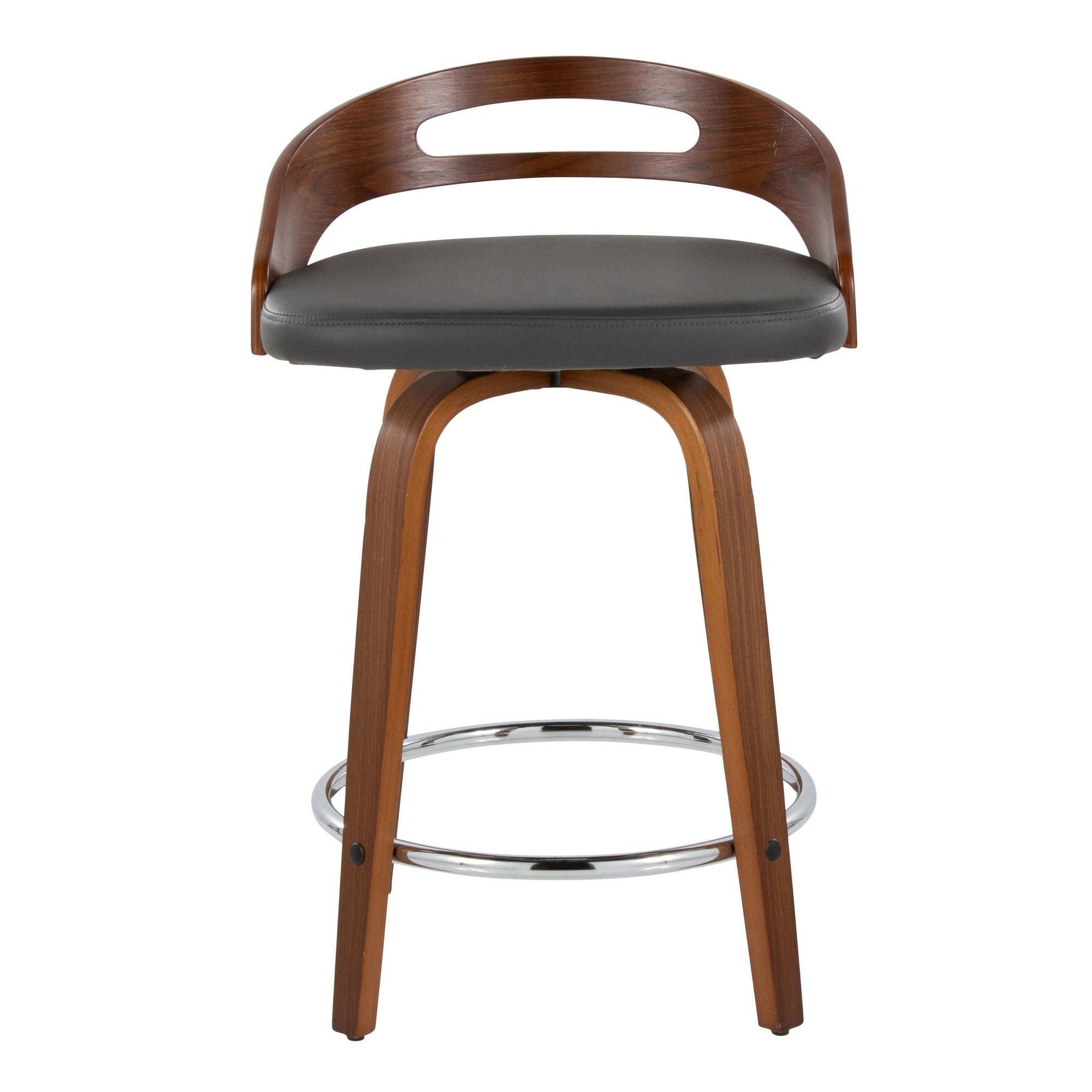 Cassis 24" Fixed-Height Counter Stool - Set of 2 - Walnut Wood, Grey PU, Chrome Metal