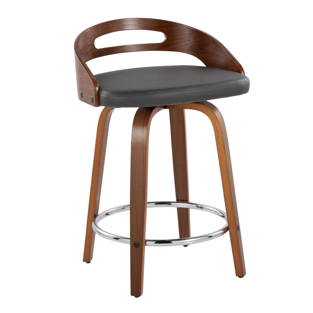 Cassis 24" Fixed-Height Counter Stool - Set of 2 - Walnut Wood, Grey PU, Chrome Metal