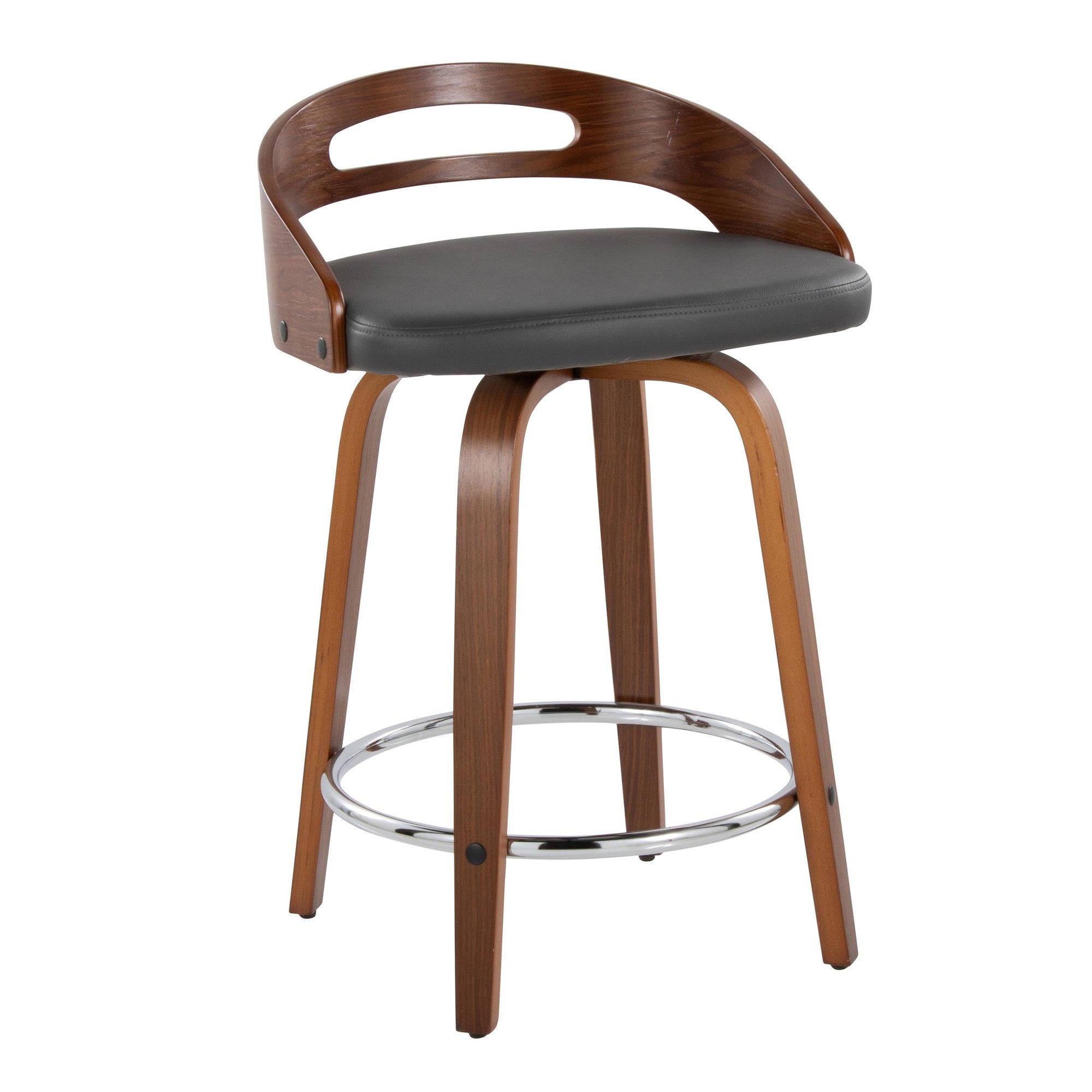 Cassis 24" Fixed-Height Counter Stool - Set of 2 - Walnut Wood, Grey PU, Chrome Metal