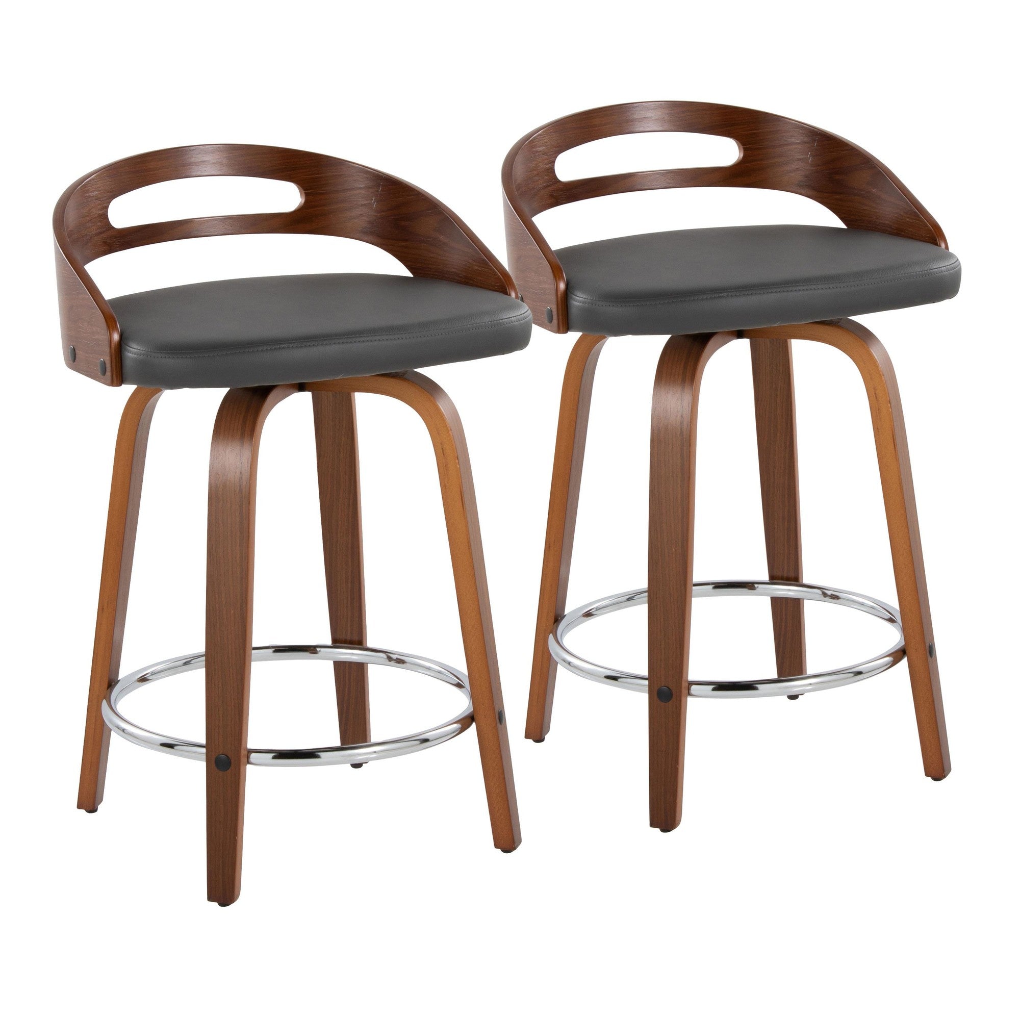 Cassis 24" Fixed-Height Counter Stool - Set of 2 - Walnut Wood, Grey PU, Chrome Metal