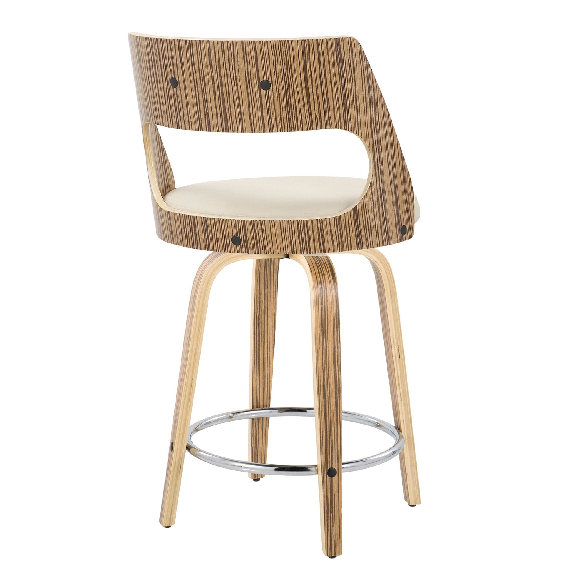 Cecina 24" Fixed-Height Counter Stool - Set of 2 - Chrome Metal, Zebra Wood, Cream PU