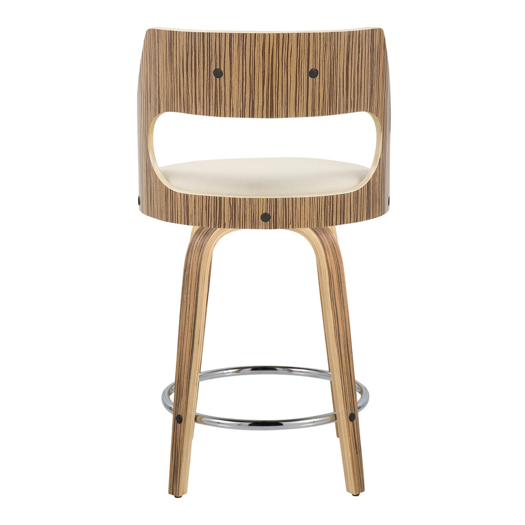 Cecina 24" Fixed-Height Counter Stool - Set of 2 - Chrome Metal, Zebra Wood, Cream PU