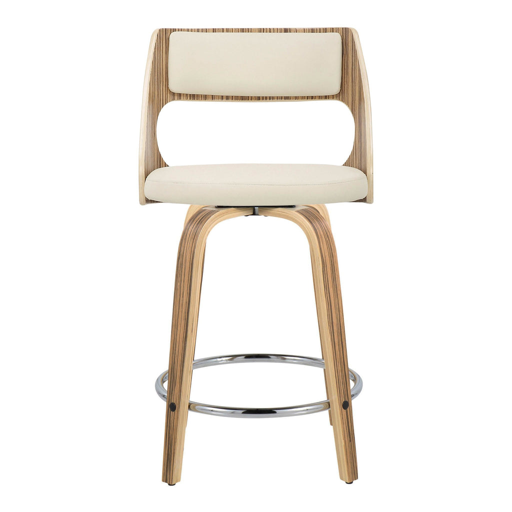 Cecina 24" Fixed-Height Counter Stool - Set of 2 - Chrome Metal, Zebra Wood, Cream PU
