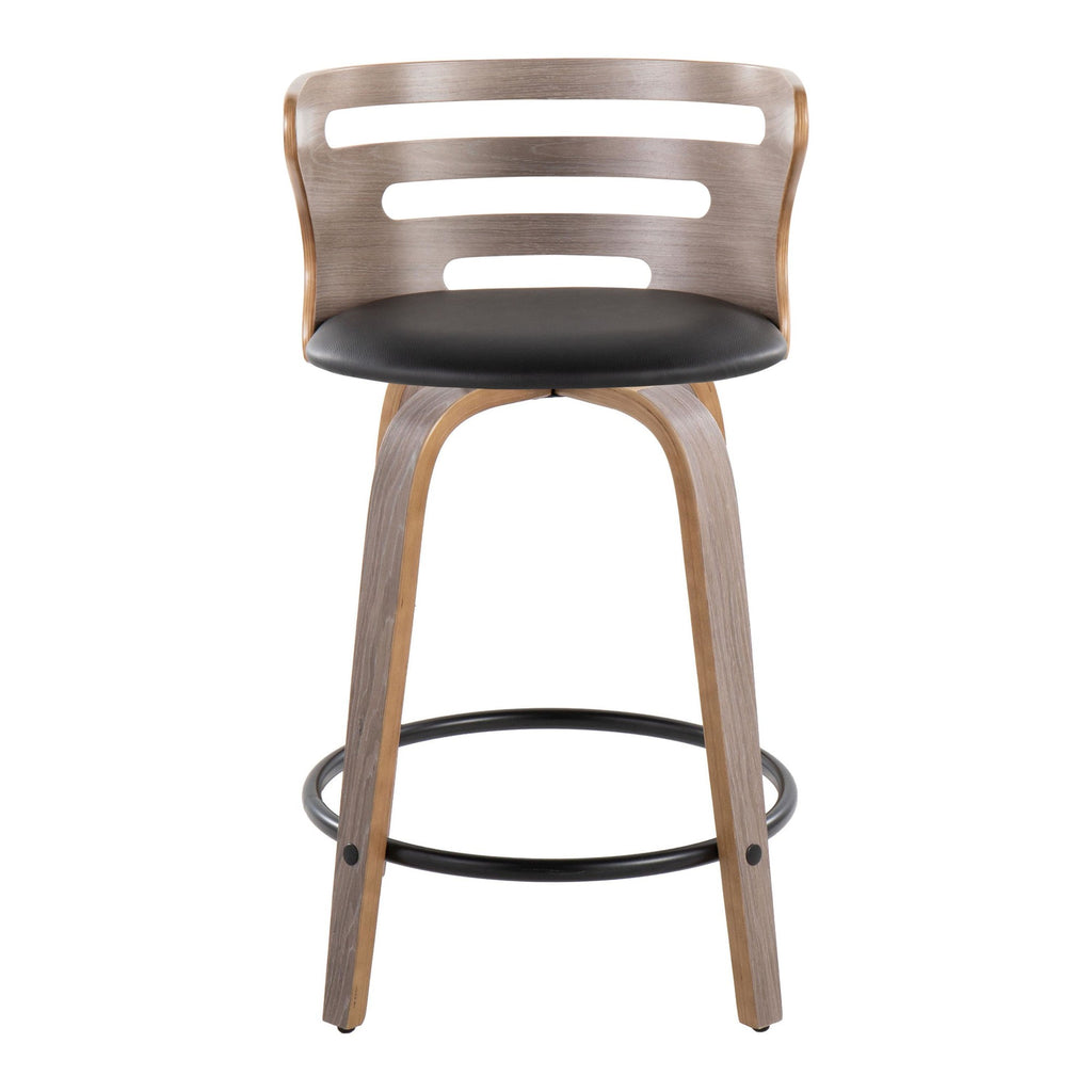 Cosini 24" Fixed-Height Counter Stool - Set of 2 - Light Grey Wood, Black Metal, Black PU