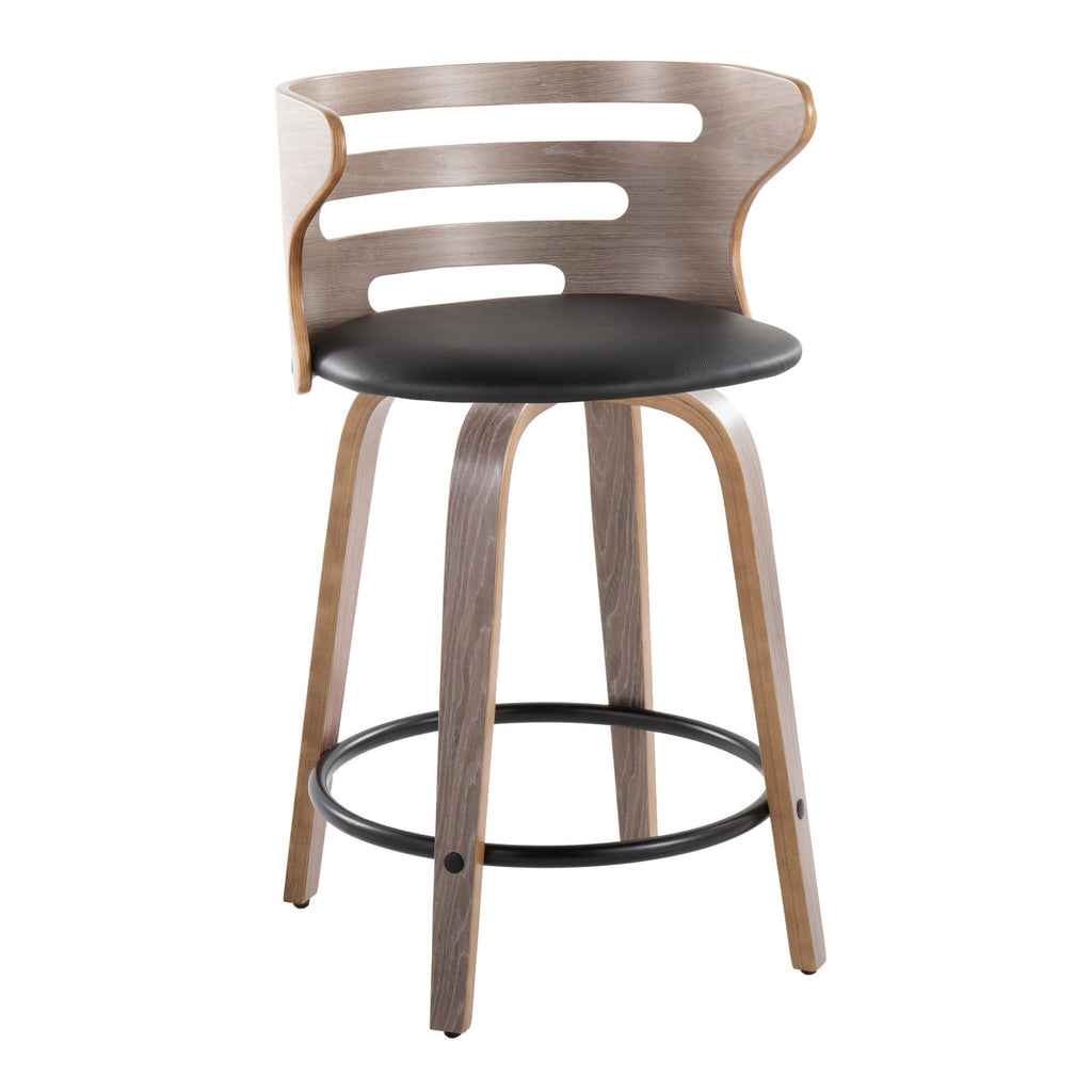 Cosini 24" Fixed-Height Counter Stool - Set of 2 - Light Grey Wood, Black Metal, Black PU