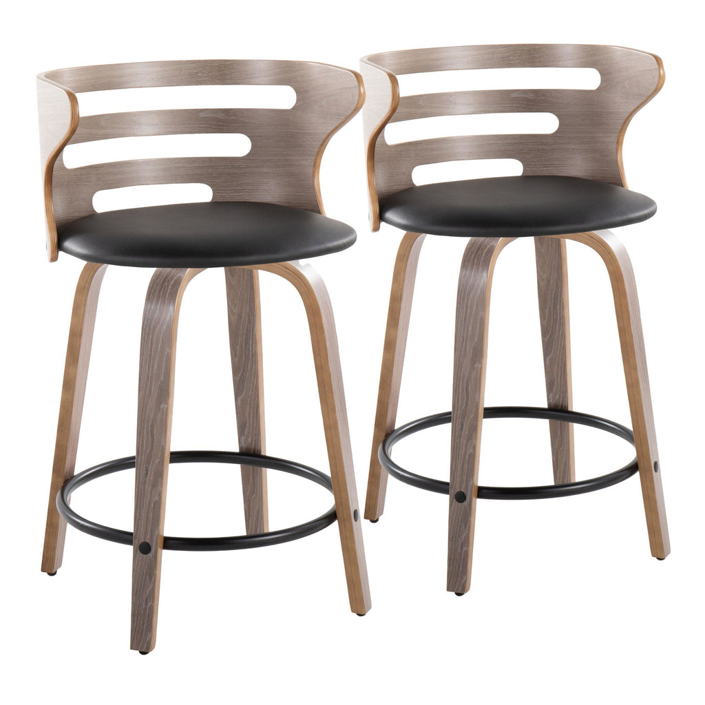 Cosini 24" Fixed-Height Counter Stool - Set of 2 - Light Grey Wood, Black Metal, Black PU