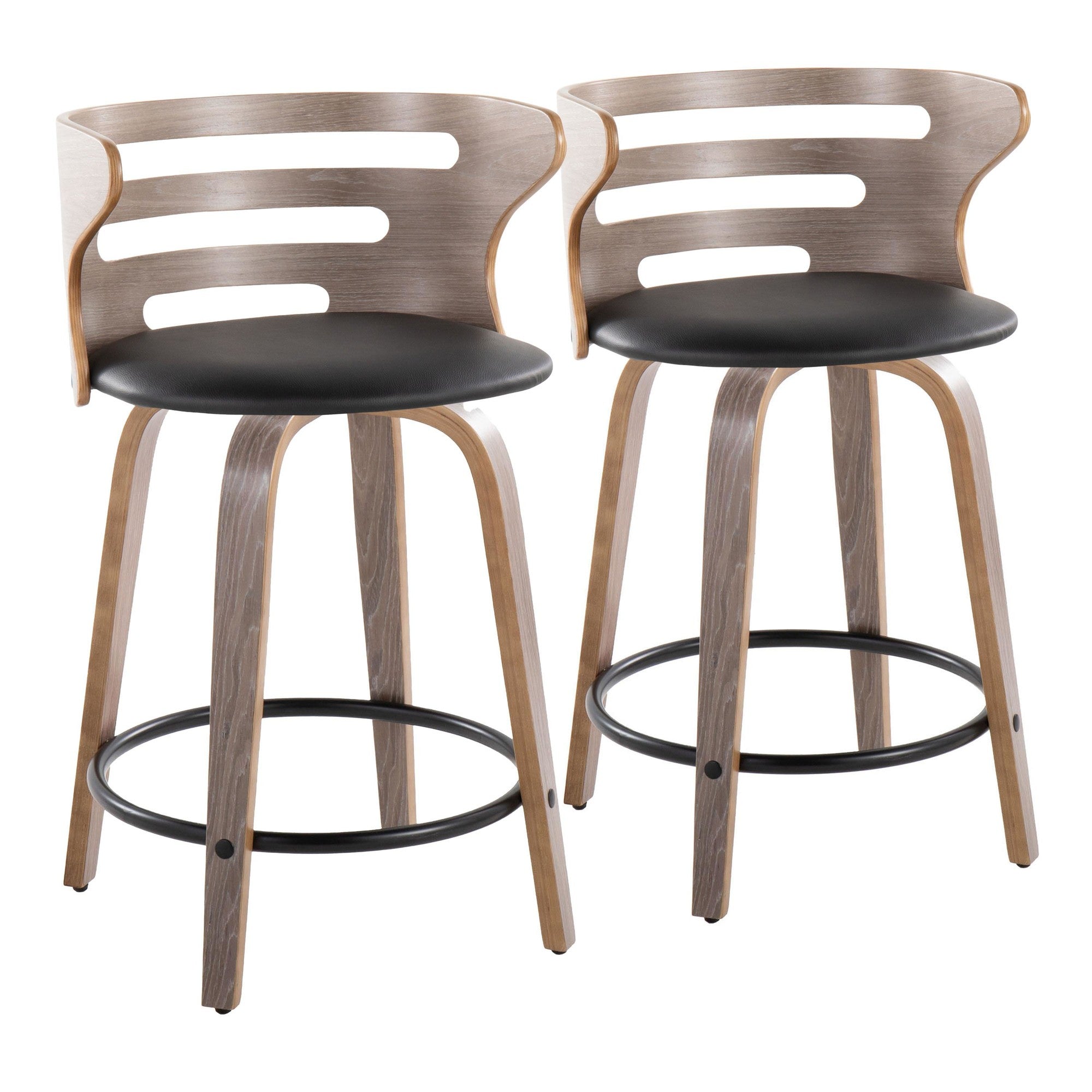 Cosini 24" Fixed-Height Counter Stool - Set of 2 - Light Grey Wood, Black Metal, Black PU