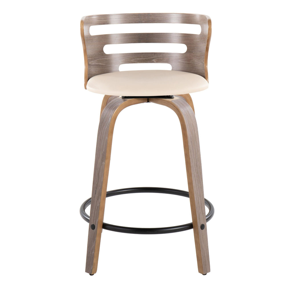 Cosini 24" Fixed-Height Counter Stool - Set of 2 - Light Grey Wood, Black Metal, Cream PU