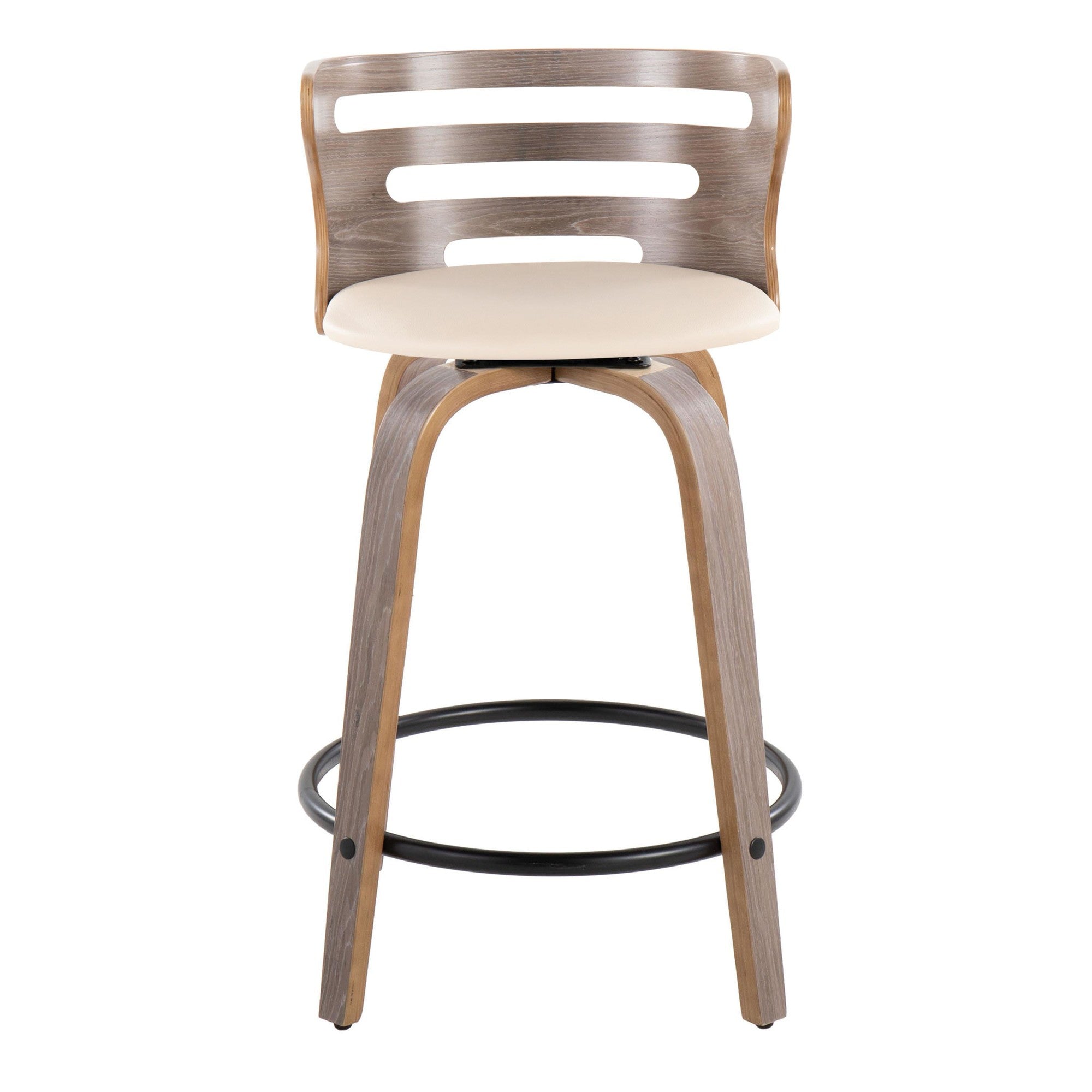 Cosini 24" Fixed-Height Counter Stool - Set of 2 - Light Grey Wood, Black Metal, Cream PU