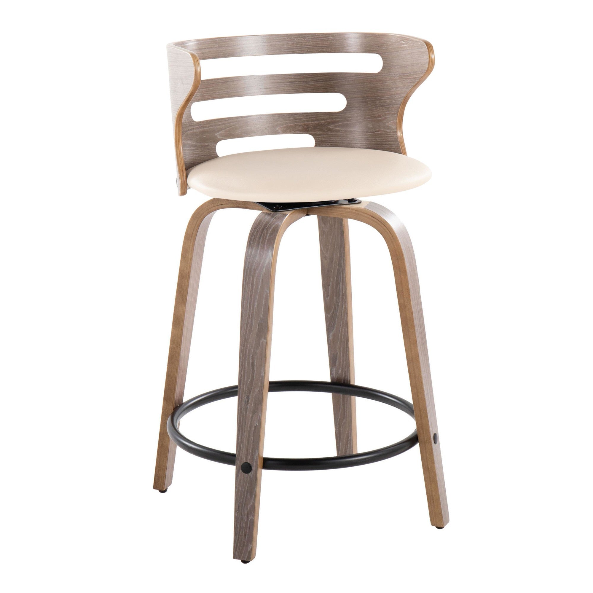 Cosini 24" Fixed-Height Counter Stool - Set of 2 - Light Grey Wood, Black Metal, Cream PU