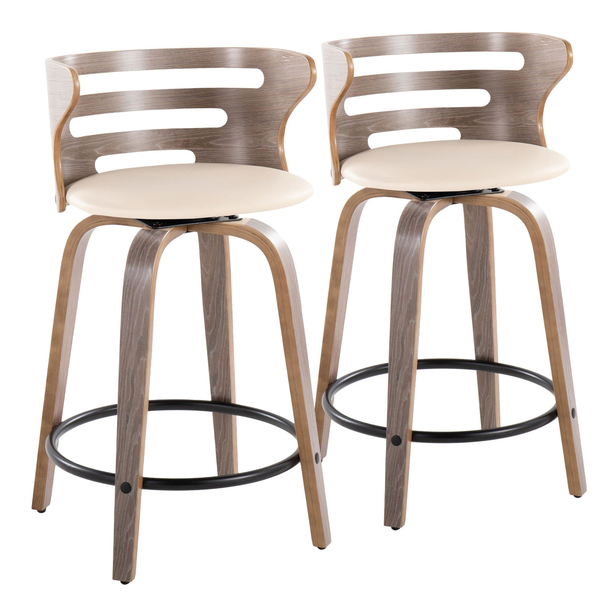 Cosini 24" Fixed-Height Counter Stool - Set of 2 - Light Grey Wood, Black Metal, Cream PU