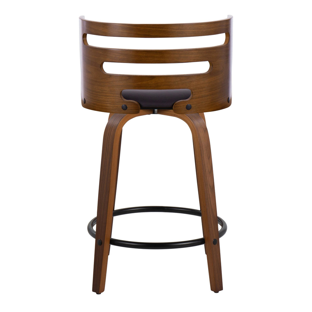 Cosini 24" Fixed-Height Counter Stool - Set of 2 - Walnut Wood, Brown PU, Black Metal
