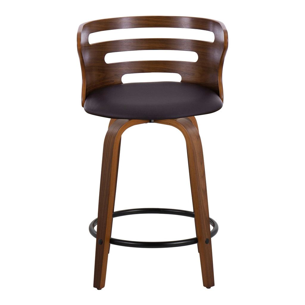Cosini 24" Fixed-Height Counter Stool - Set of 2 - Walnut Wood, Brown PU, Black Metal