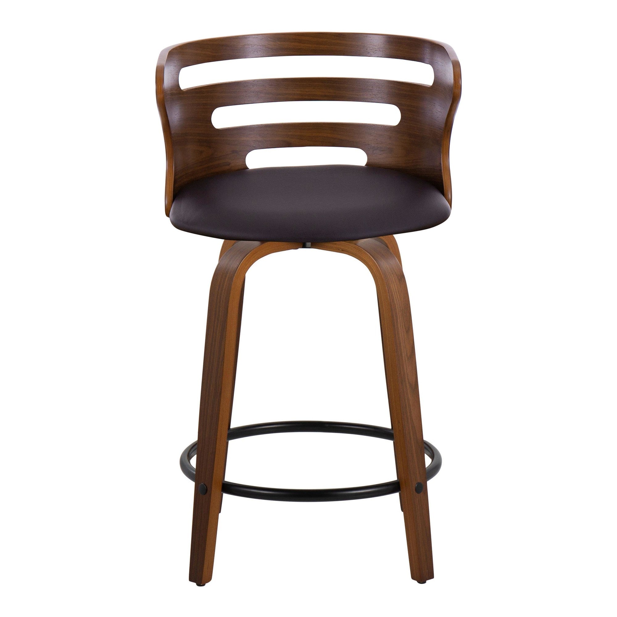 Cosini 24" Fixed-Height Counter Stool - Set of 2 - Walnut Wood, Brown PU, Black Metal