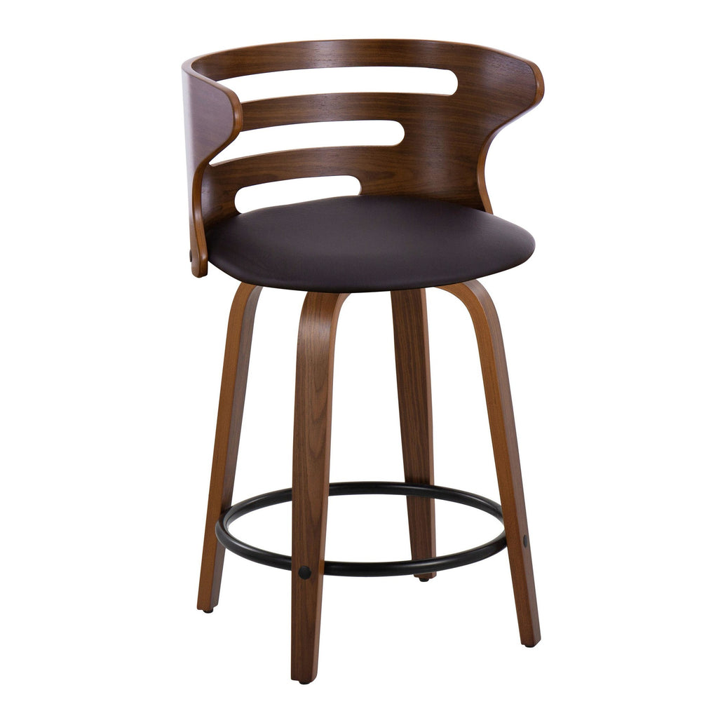 Cosini 24" Fixed-Height Counter Stool - Set of 2 - Walnut Wood, Brown PU, Black Metal