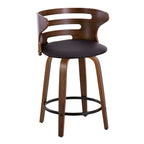 Cosini 24" Fixed-Height Counter Stool - Set of 2 - Walnut Wood, Brown PU, Black Metal