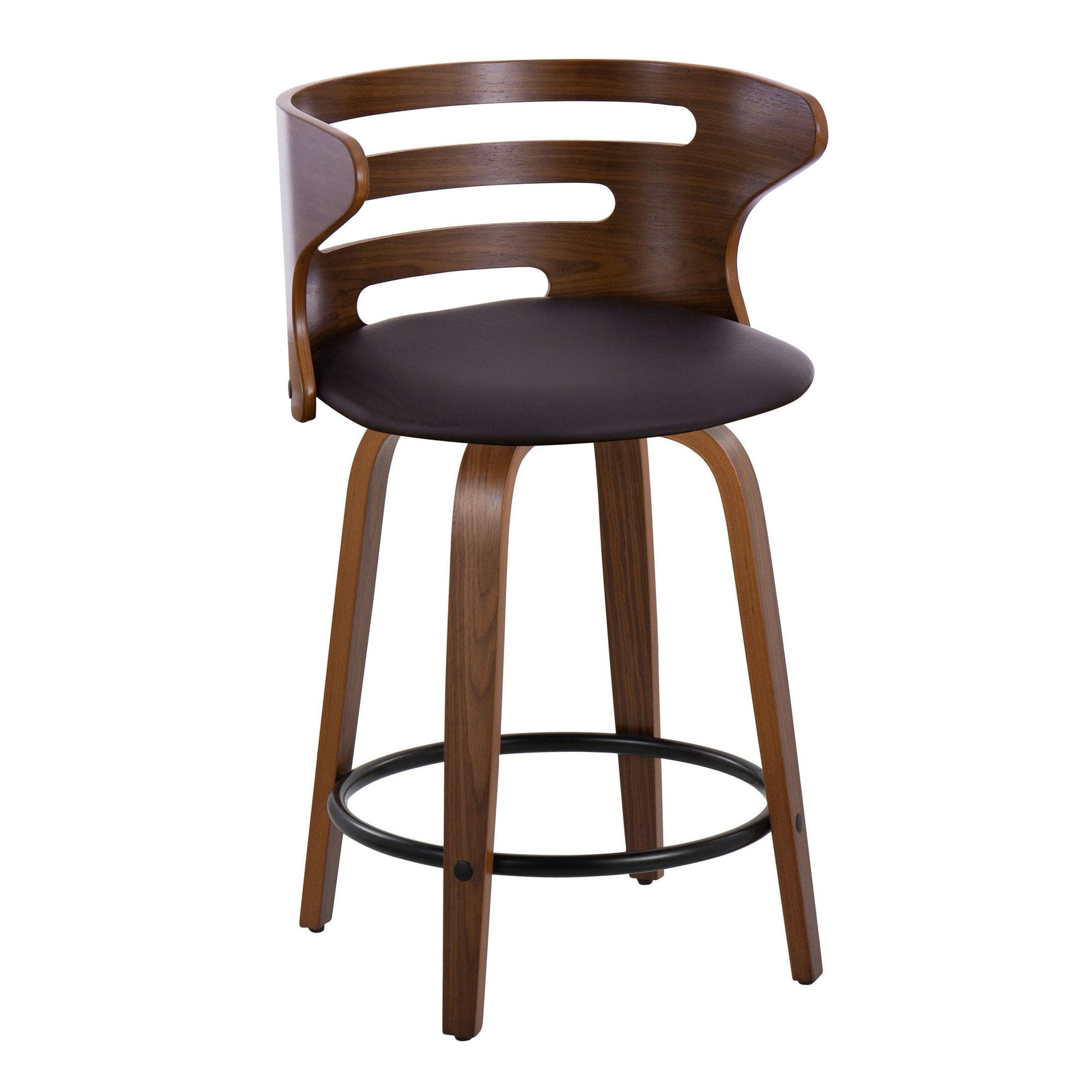 Cosini 24" Fixed-Height Counter Stool - Set of 2 - Walnut Wood, Brown PU, Black Metal