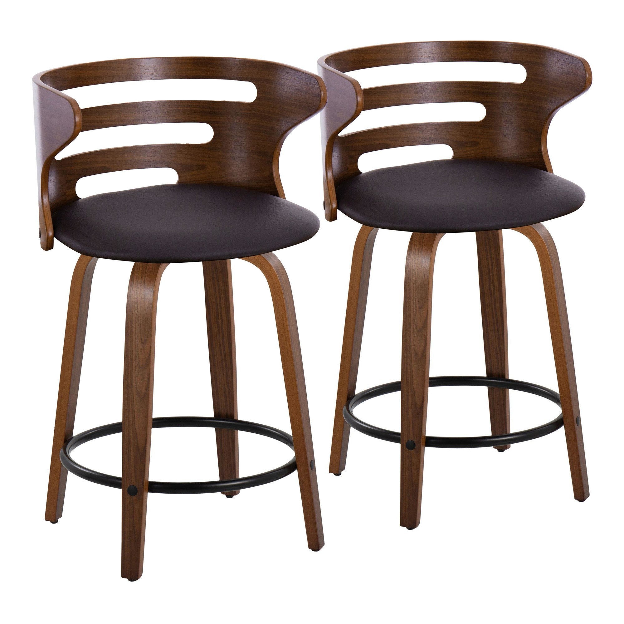 Cosini 24" Fixed-Height Counter Stool - Set of 2 - Walnut Wood, Brown PU, Black Metal