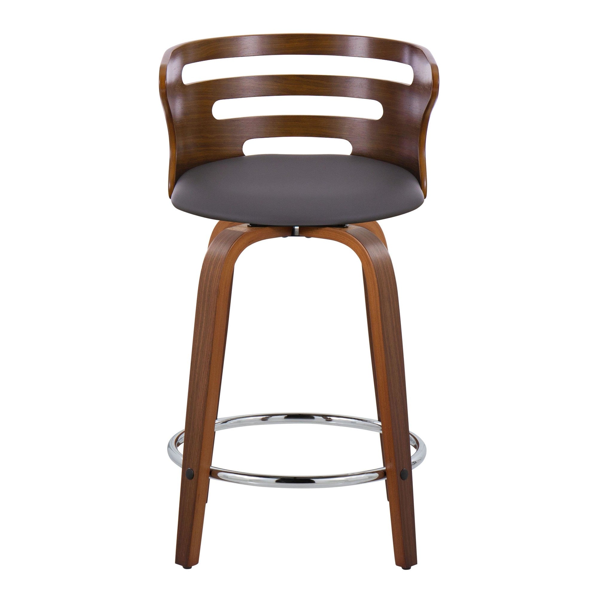 Cosini 24" Fixed-Height Counter Stool - Set of 2 - Walnut Wood, Brown PU, Chrome Metal