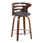 Cosini 24" Fixed-Height Counter Stool - Set of 2 - Walnut Wood, Brown PU, Chrome Metal