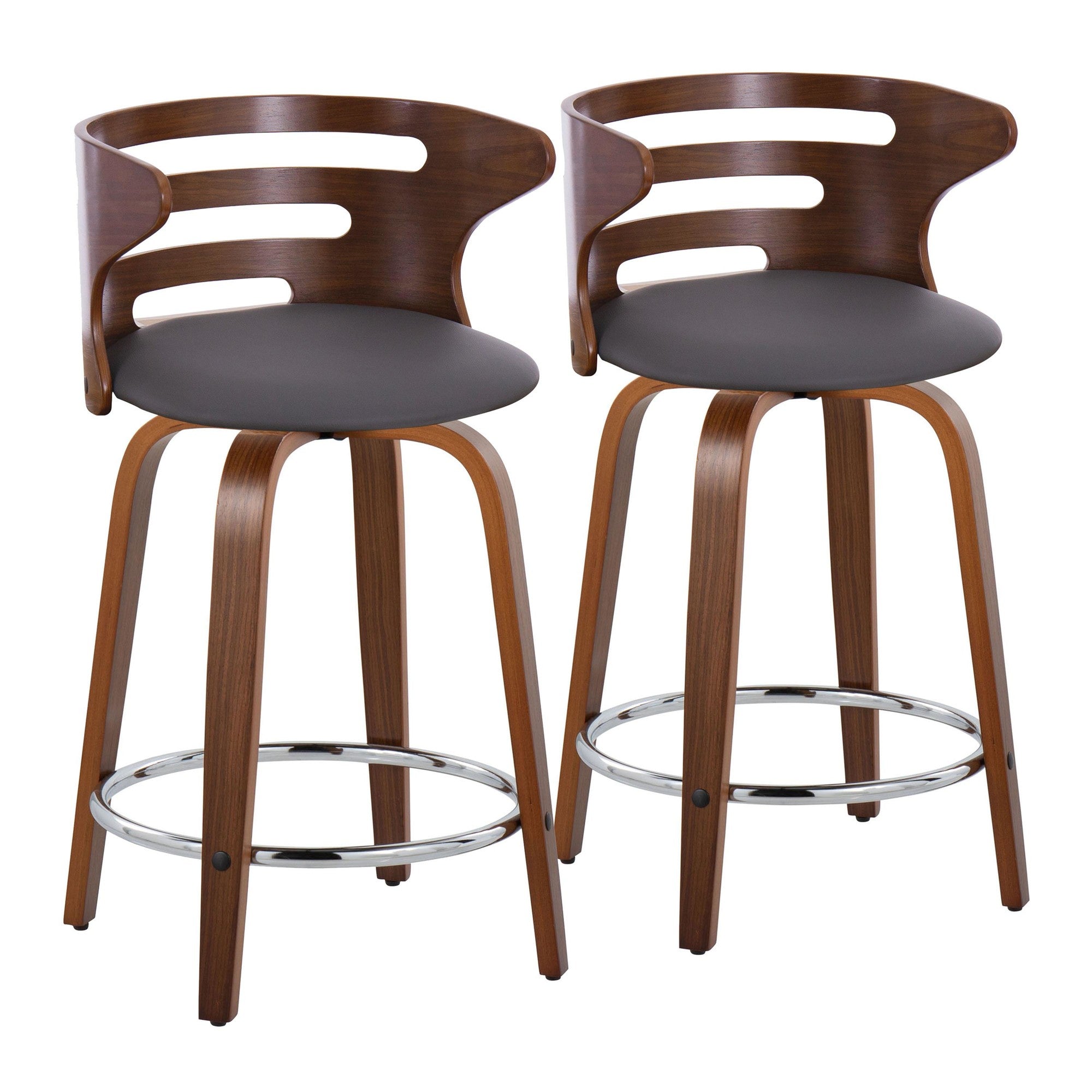 Cosini 24" Fixed-Height Counter Stool - Set of 2 - Walnut Wood, Brown PU, Chrome Metal