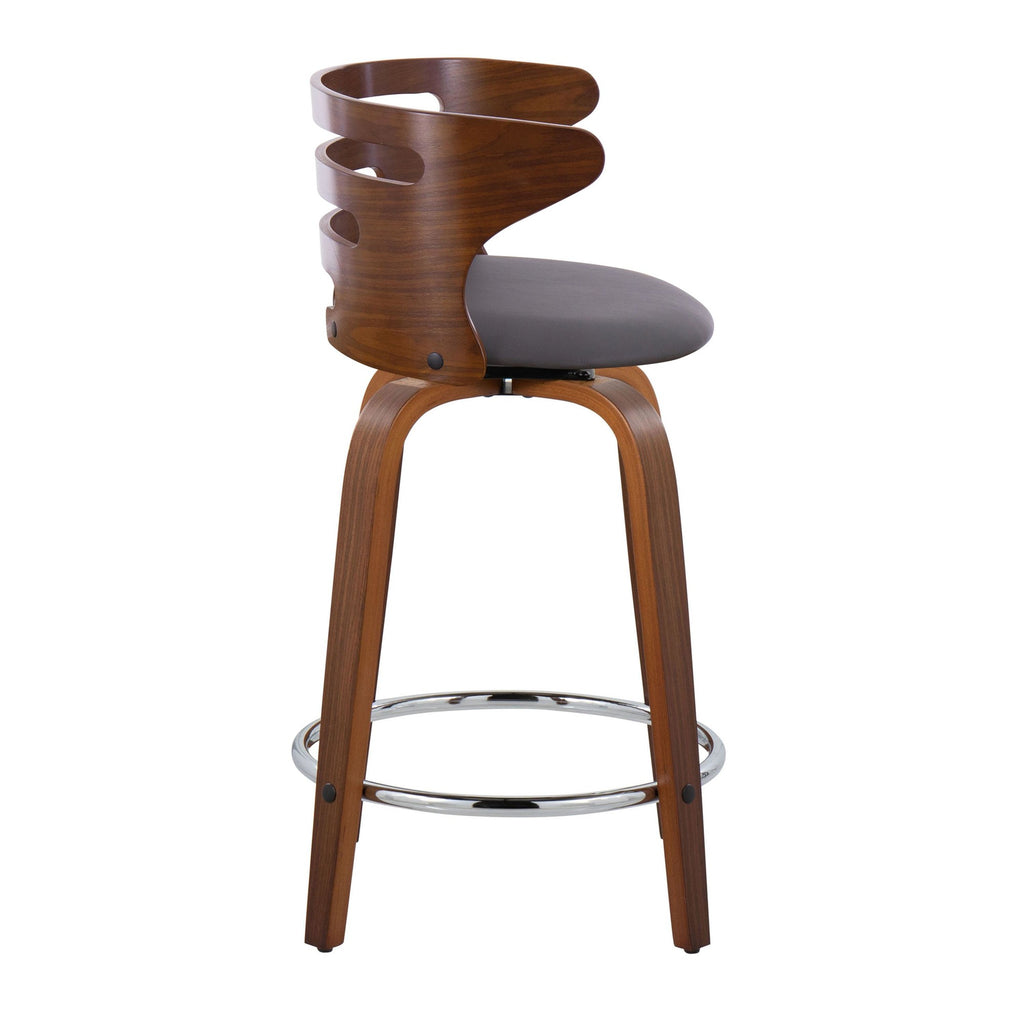 Cosini 24" Fixed-Height Counter Stool - Set of 2 - Walnut Wood, Brown PU, Chrome Metal