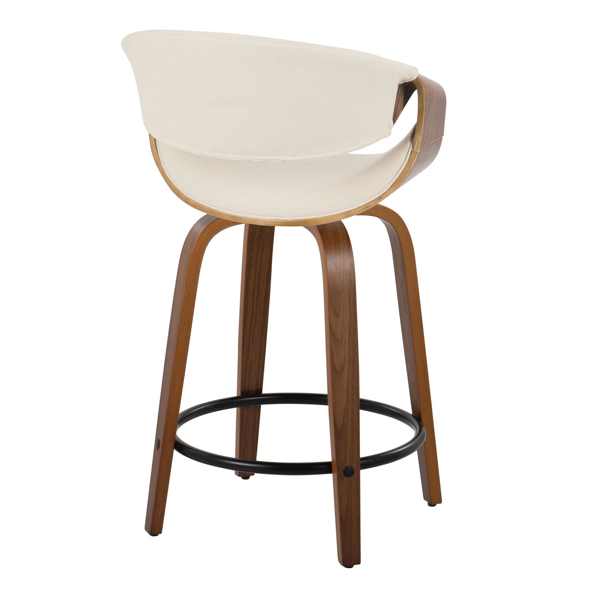 Curvini 24" Fixed-Height Counter Stool - Set of 2 - Walnut Wood, Cream Fabric, Black Metal