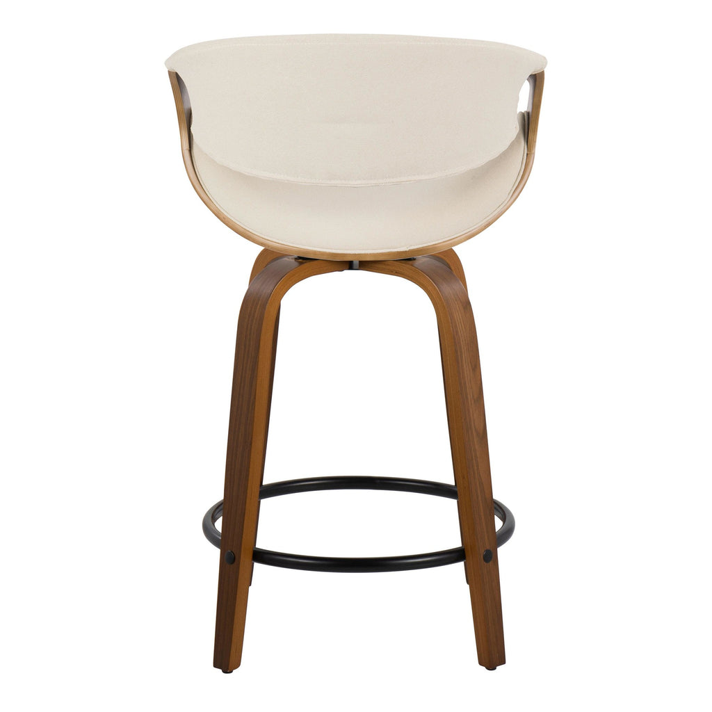 Curvini 24" Fixed-Height Counter Stool - Set of 2 - Walnut Wood, Cream Fabric, Black Metal