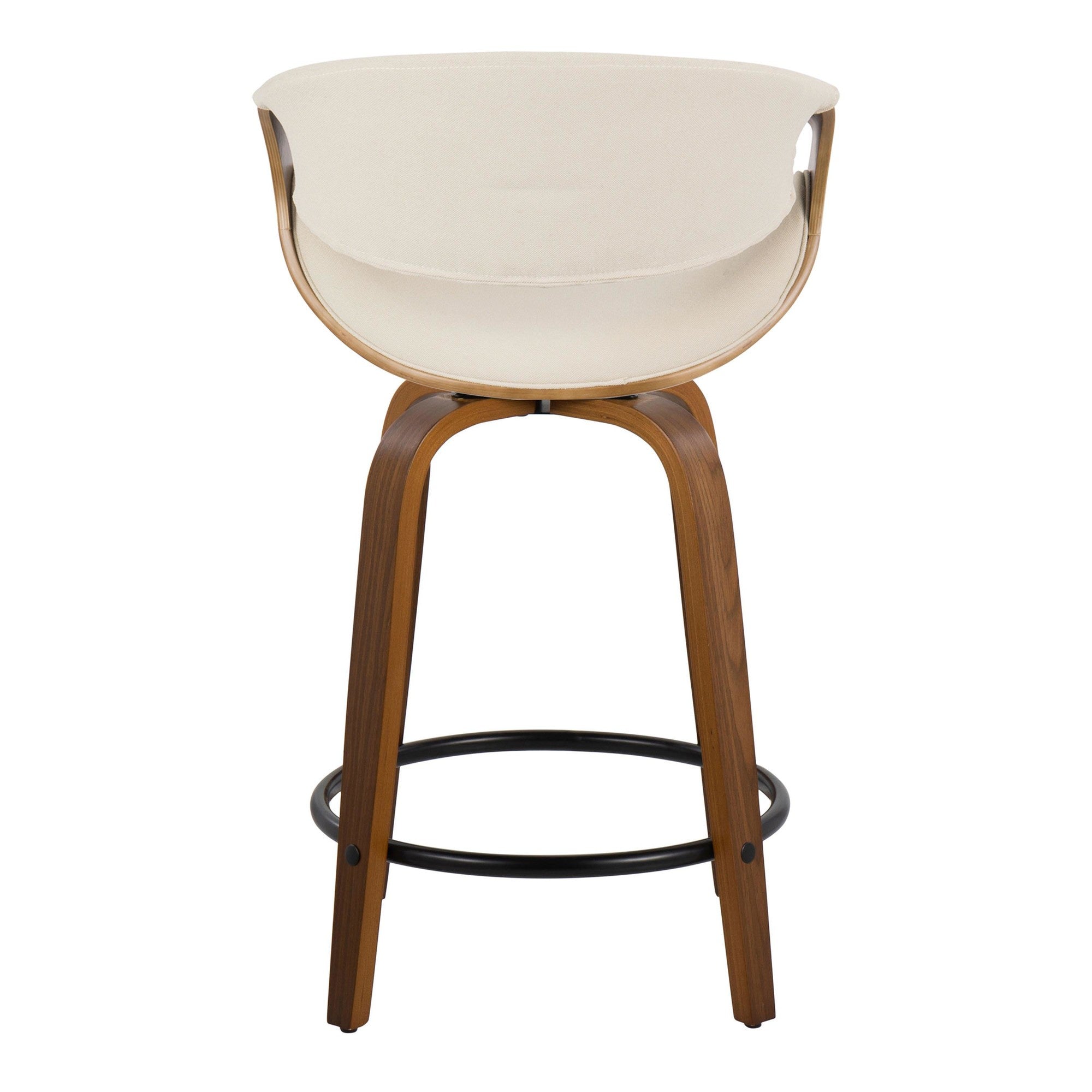 Curvini 24" Fixed-Height Counter Stool - Set of 2 - Walnut Wood, Cream Fabric, Black Metal