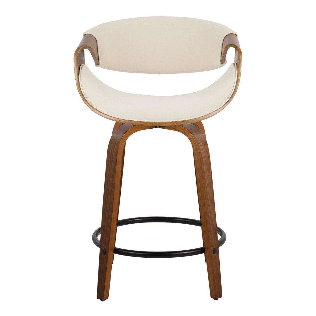 Curvini 24" Fixed-Height Counter Stool - Set of 2 - Walnut Wood, Cream Fabric, Black Metal