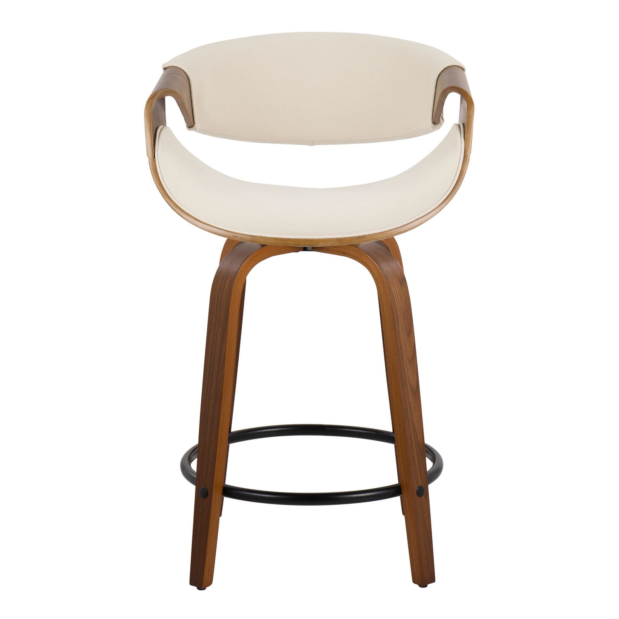 Curvini 24" Fixed-Height Counter Stool - Set of 2 - Walnut Wood, Cream Fabric, Black Metal