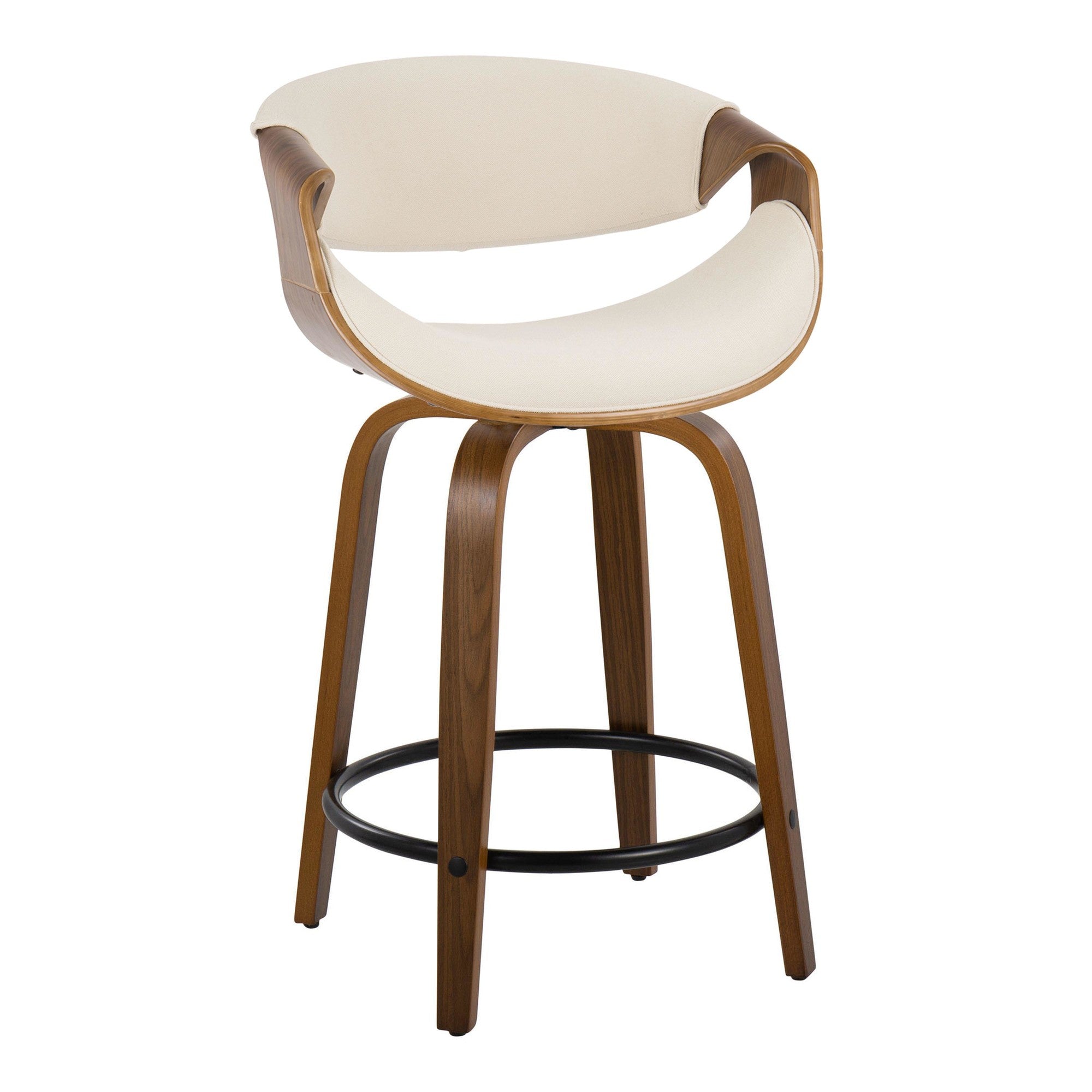 Curvini 24" Fixed-Height Counter Stool - Set of 2 - Walnut Wood, Cream Fabric, Black Metal