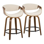 Curvini 24" Fixed-Height Counter Stool - Set of 2 - Walnut Wood, Cream Fabric, Black Metal