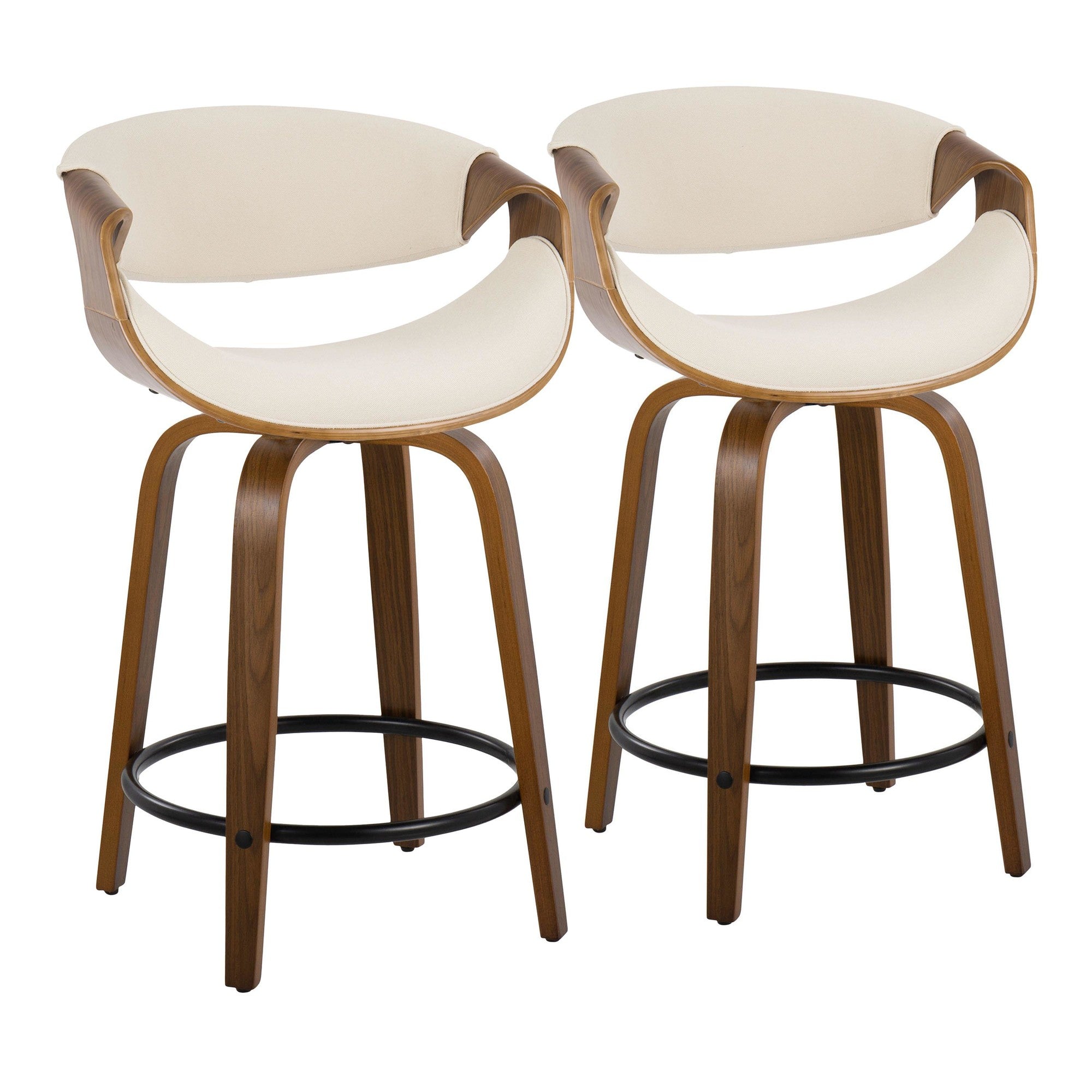 Curvini 24" Fixed-Height Counter Stool - Set of 2 - Walnut Wood, Cream Fabric, Black Metal