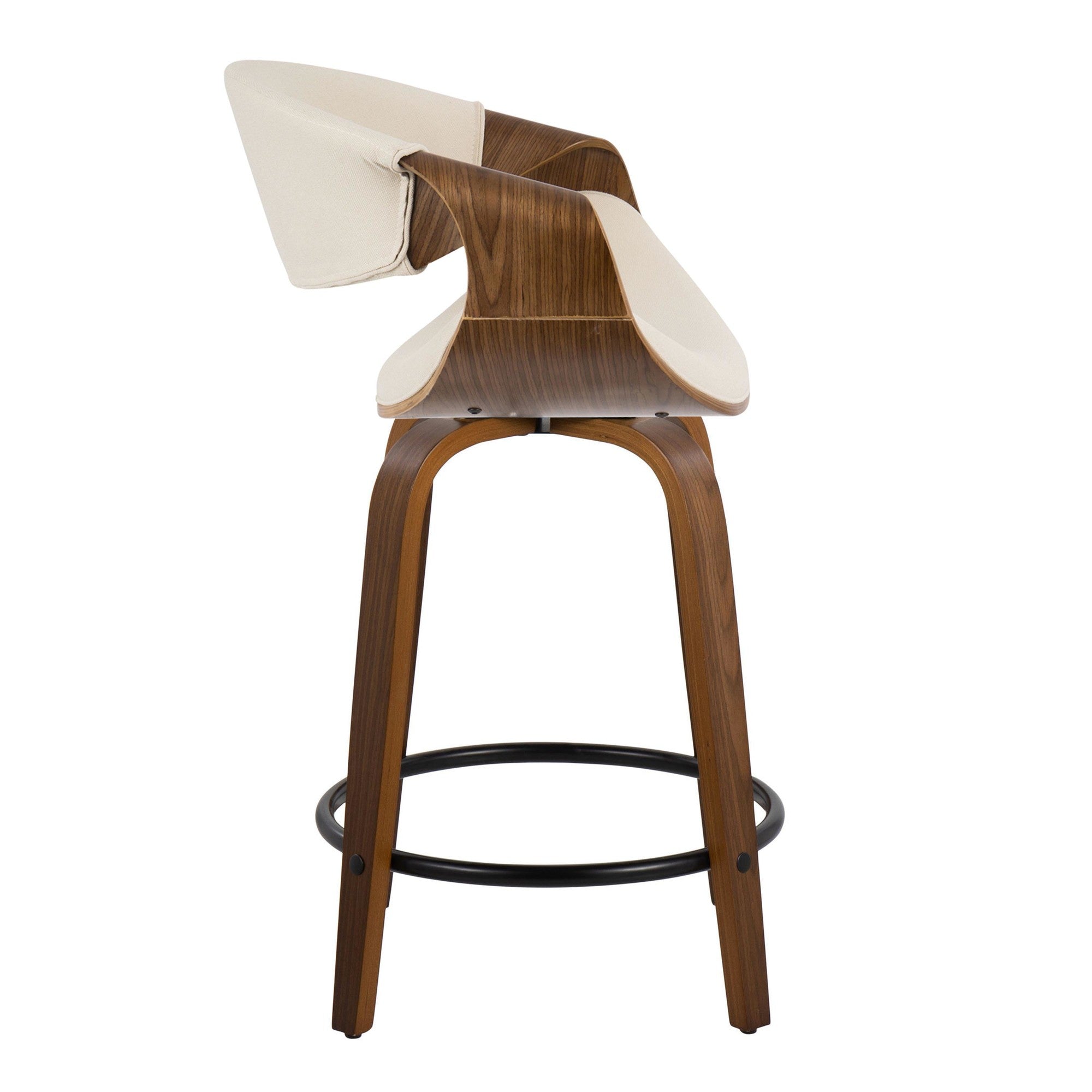 Curvini 24" Fixed-Height Counter Stool - Set of 2 - Walnut Wood, Cream Fabric, Black Metal