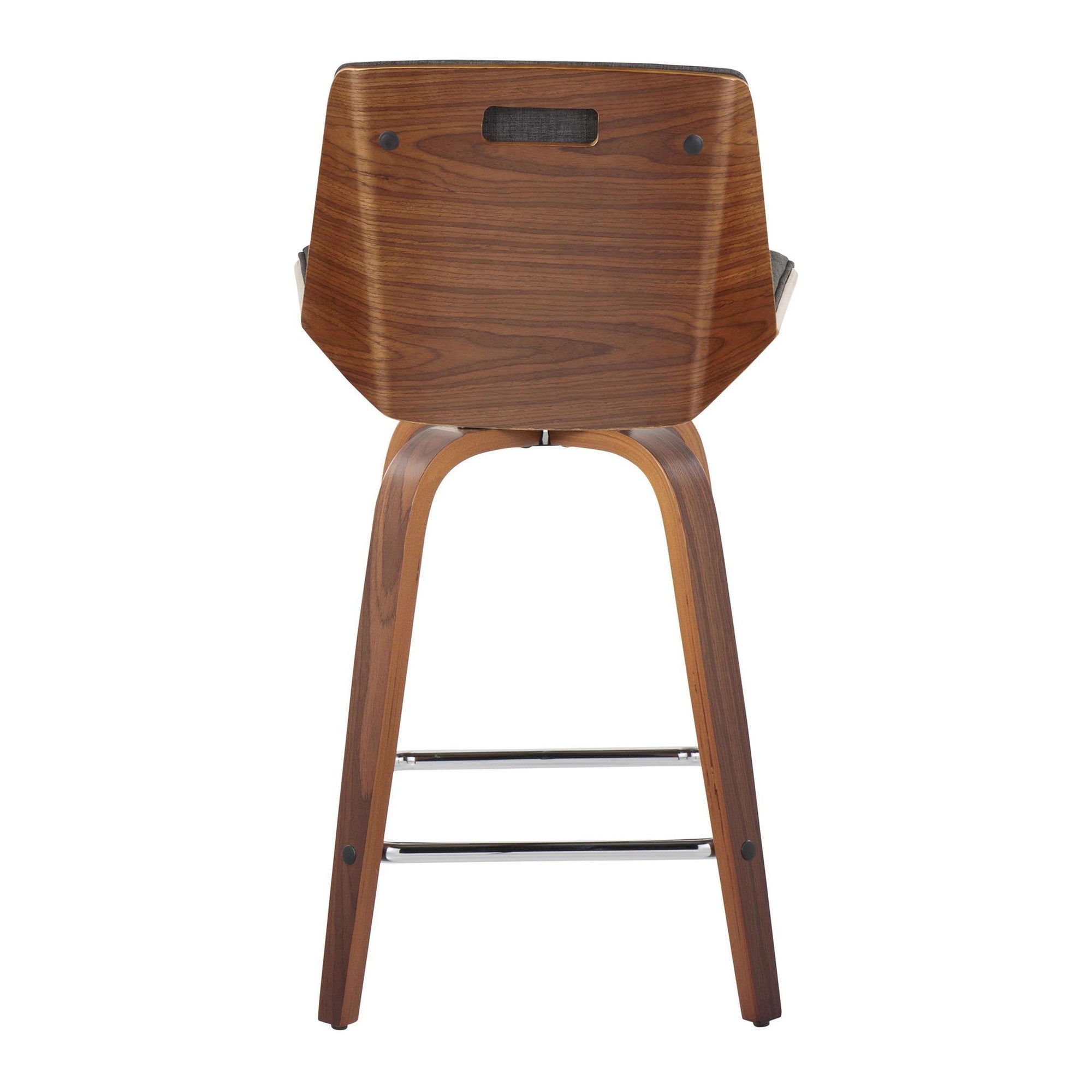 Corazza 24" Fixed-Height Counter Stool - Set of 2 - Walnut Wood, Charcoal Fabric, Chrome Metal