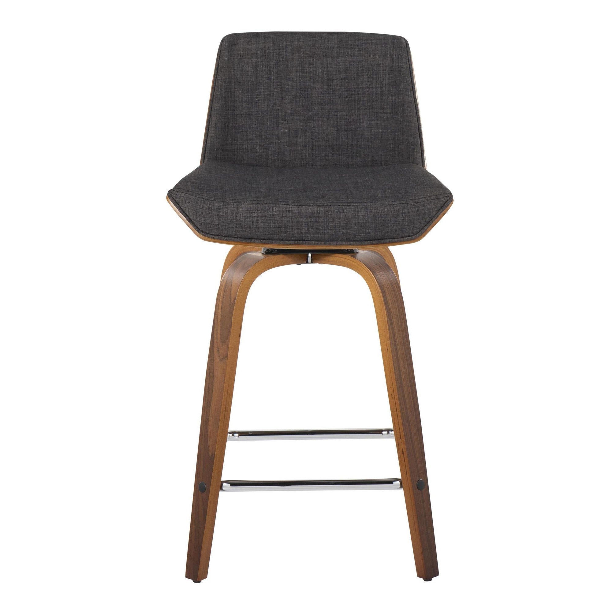 Corazza 24" Fixed-Height Counter Stool - Set of 2 - Walnut Wood, Charcoal Fabric, Chrome Metal