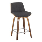 Corazza 24" Fixed-Height Counter Stool - Set of 2 - Walnut Wood, Charcoal Fabric, Chrome Metal