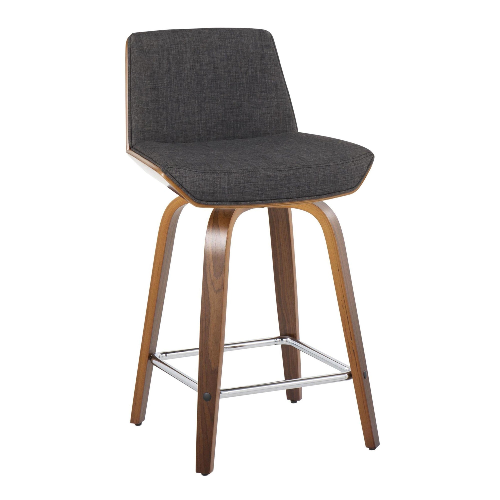 Corazza 24" Fixed-Height Counter Stool - Set of 2 - Walnut Wood, Charcoal Fabric, Chrome Metal