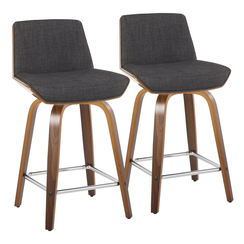 Corazza 24" Fixed-Height Counter Stool - Set of 2 - Walnut Wood, Charcoal Fabric, Chrome Metal