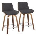 Corazza 24" Fixed-Height Counter Stool - Set of 2 - Walnut Wood, Charcoal Fabric, Chrome Metal