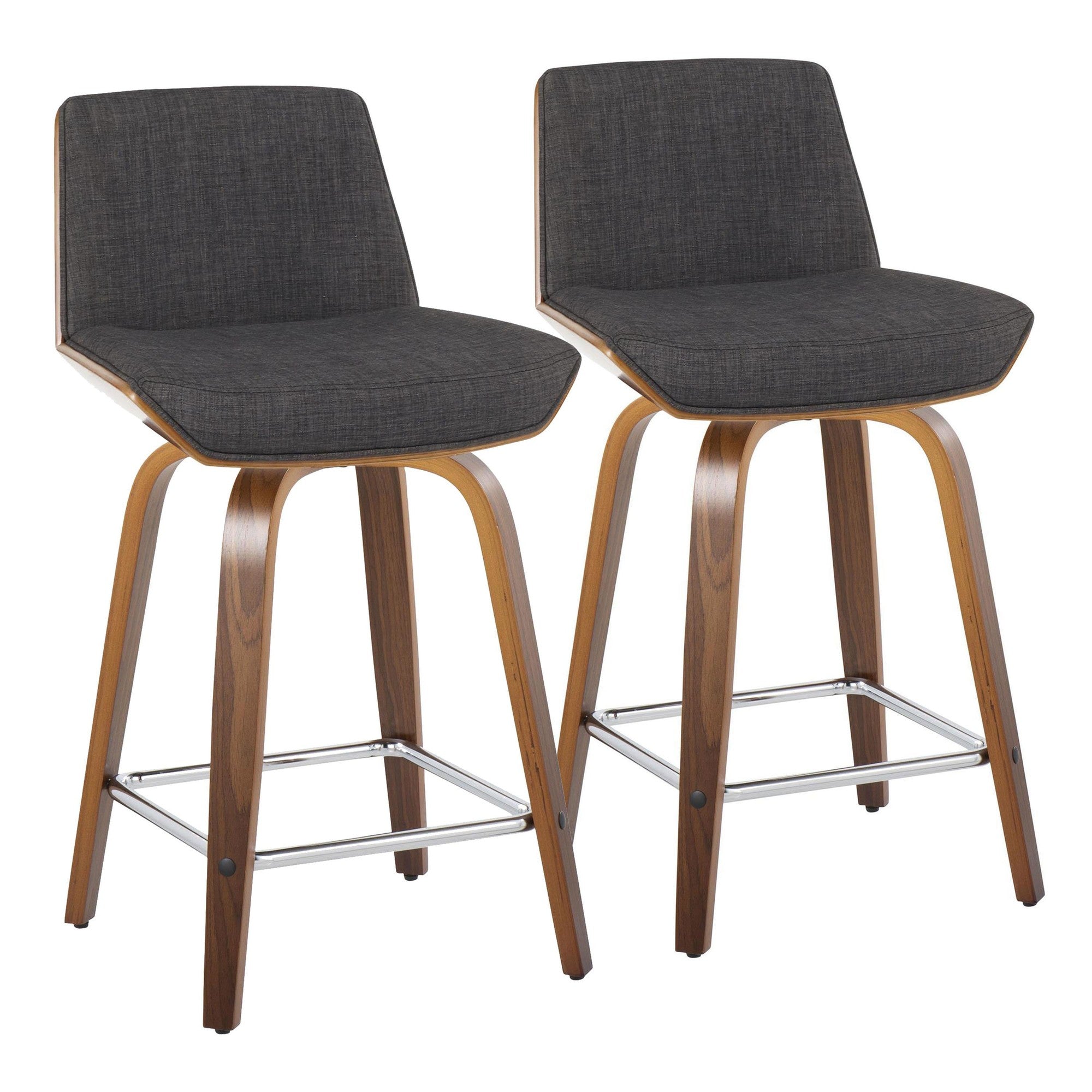 Corazza 24" Fixed-Height Counter Stool - Set of 2 - Walnut Wood, Charcoal Fabric, Chrome Metal